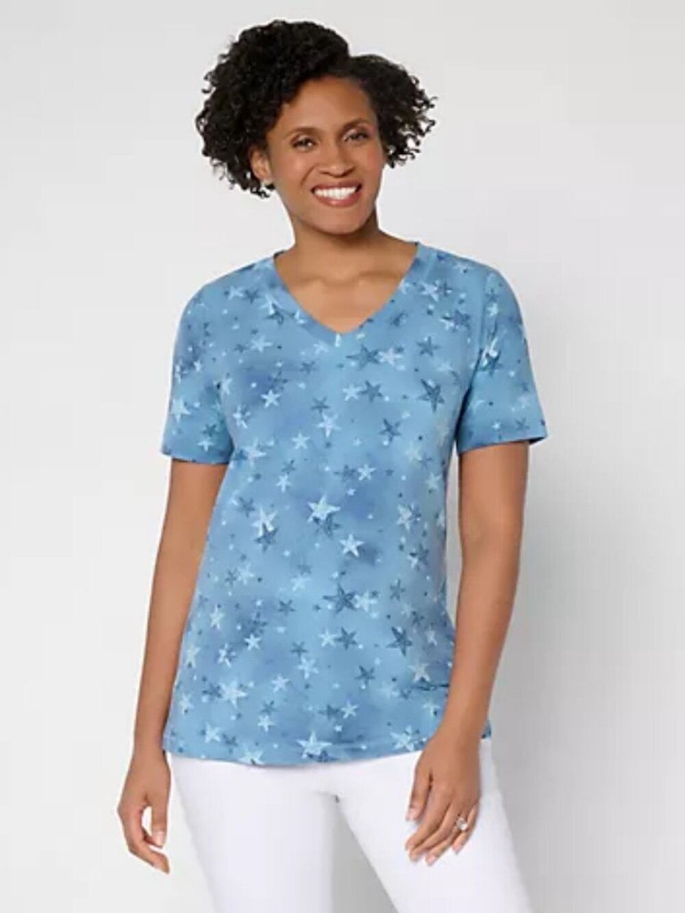 Denim & Co. Printed Jersey Short Sleeve Top w/ Seam Detail, Blue Sz XL a726105